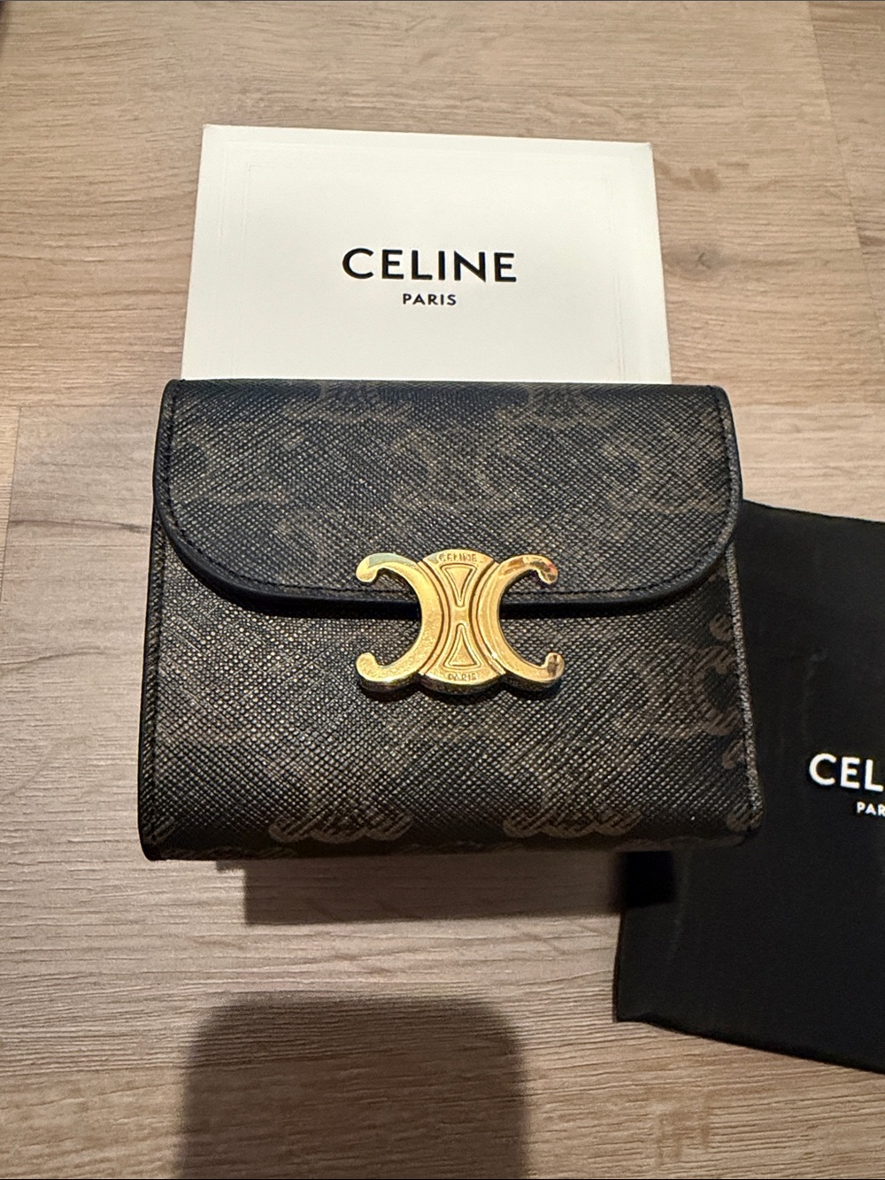 Celine Small Triomphe Wallet in Black and Brown with Gold Hardware